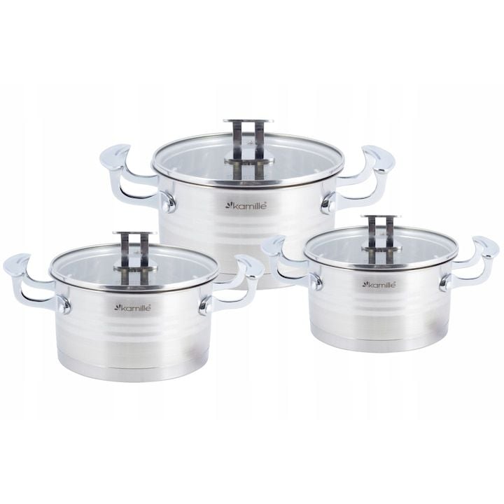 Set Engros de 3 oale cu capac, Kamille, din inox, din 5 straturi, 16/18/20 cm, argintiu