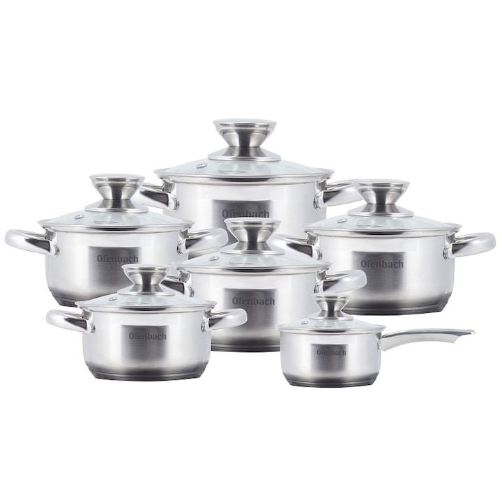 Set Engros de 6 oale cu capace, Ofenbach, din Inox, 1.1 L - 6 L, 14 - 24 cm, Argintiu / Transparent