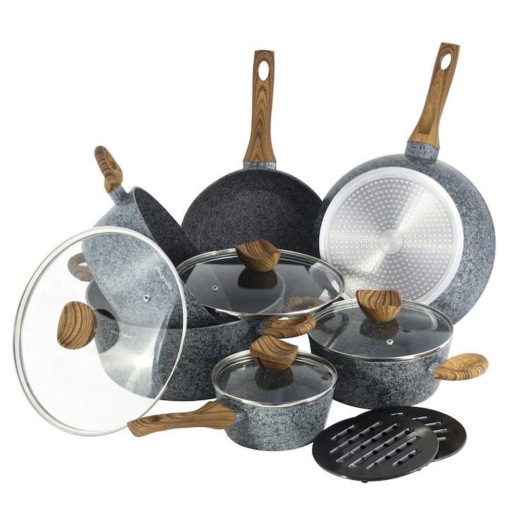 Set Engros de oale si tigai Kamille KM-4440 , din aluminiu turnat, cu acoperire granit, inductie, 16-28cm, 1.25-6L, gri