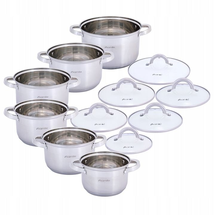 Set Engros de 6 oale cu capac din sticla, Kamille, Inox, 2.1 - 6.5 L, Argintiu / Transparent