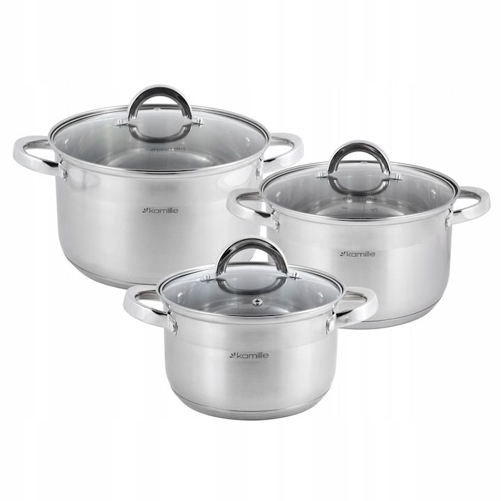 Set Engros de oale din inox Kamille, cu 6 piese, 4,5L-7,8L, inductie, gaz, diverse dimensiuni