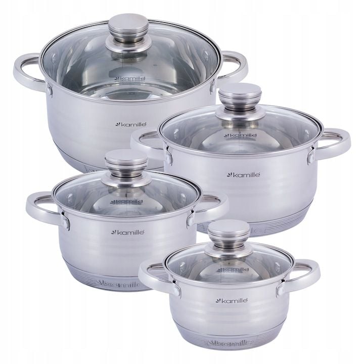 Set Engros de 4 Oale cu capac, Kamille, din Inox, cu Capacitate 1.5 l / 2 L / 3 L / 5 L, Pentru toate tipurile de aragaz, Argintiu