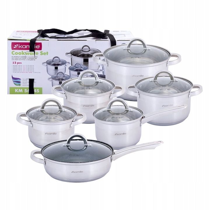 Set Engros de oale din inox, 12 elemente, Kamille, diverse dimensiuni, capacitate 2,1L - 6,5L