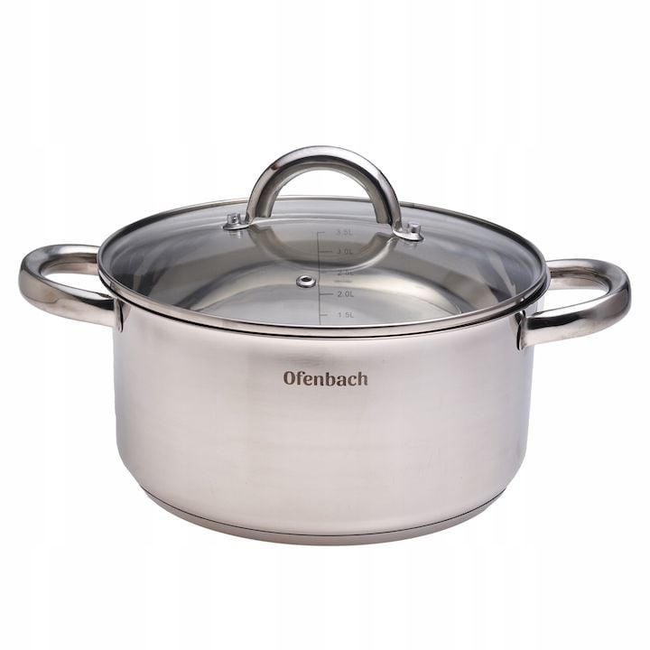 Oala Engros din otel inoxidabil Kamille 4,0 L cu capac din sticla, 22cm, pentru toate tipurile de plite, inclusiv inductie
