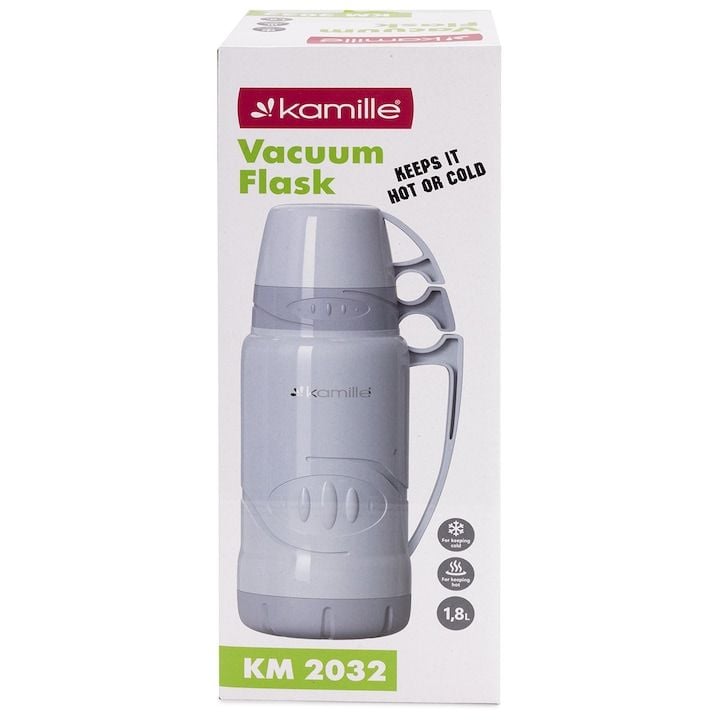 Termos Engros Kamille de 1,8 L cu insertie din sticla, bidon izolant cu 2 cani integrate, mentine temperatura pana la 12 h