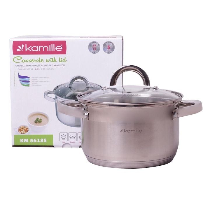 Oala Engros gradata cu capac din sticla, Kamille, din Inox, 2.9 L, 18 cm, Argintiu / Transparent
