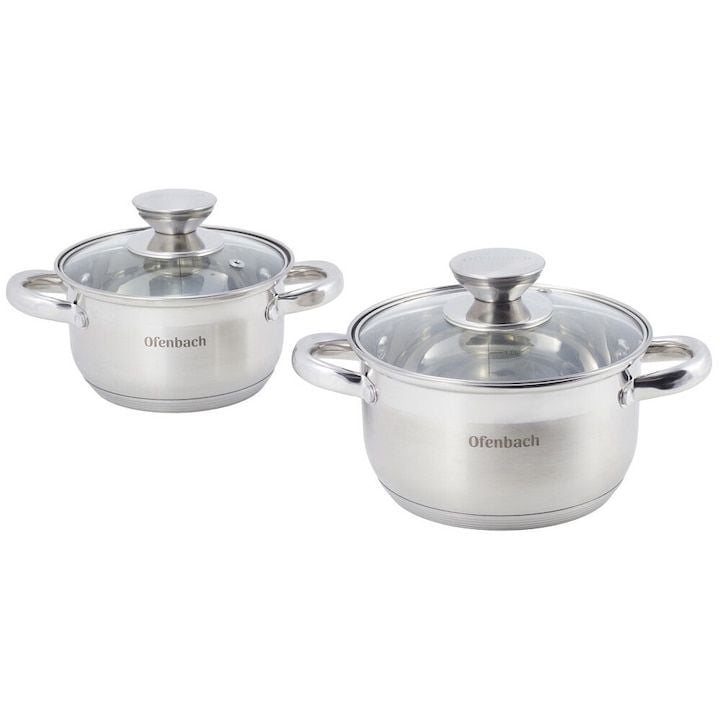 Set Engros de 2 oale gradate cu capac, Ofenbach, din Inox, 1.1L / 1.7L, 14cm / 16cm, Argintiu / Transparent
