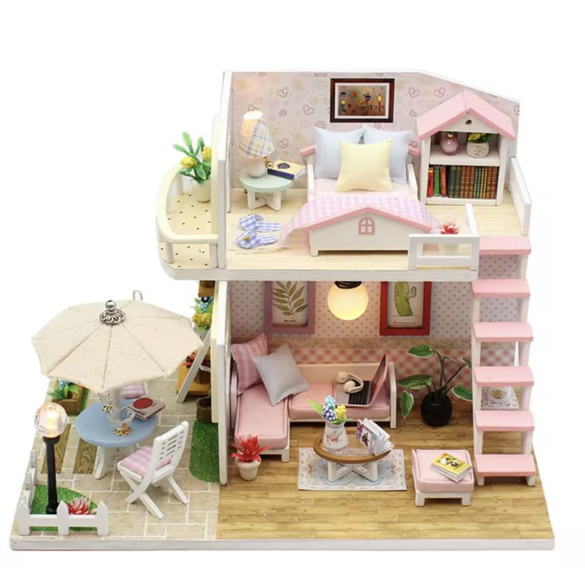 Casă în miniatură DIY “Anna’s Pink Melody” cu iluminare LED – kit artizanal feminin cu mobilier pastel, decor romantic și instrucțiuni complete, En-gros