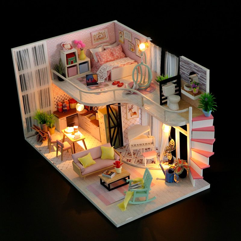 Casă în miniatură DIY “Anna’s Pink Melody” cu iluminare LED și protecție din plexiglas – kit artizanal Hoomeda cu mobilier modern și decor pastel pentru colecționari și pasionați DIY, En-gros