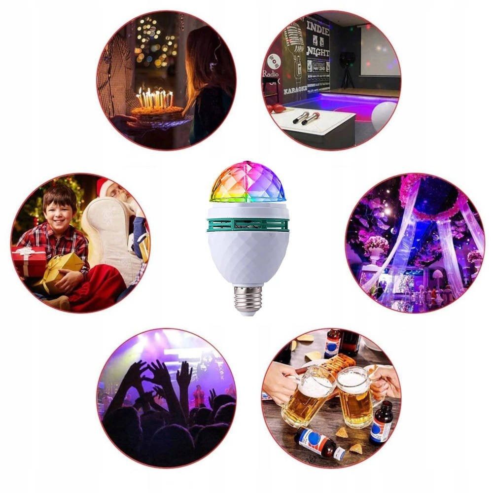 Bec rotativ ENGROSS multicolor RGB soclu E27, adaptor priza inclus, pentru petreceri, sarbatori si distractia copiilor
