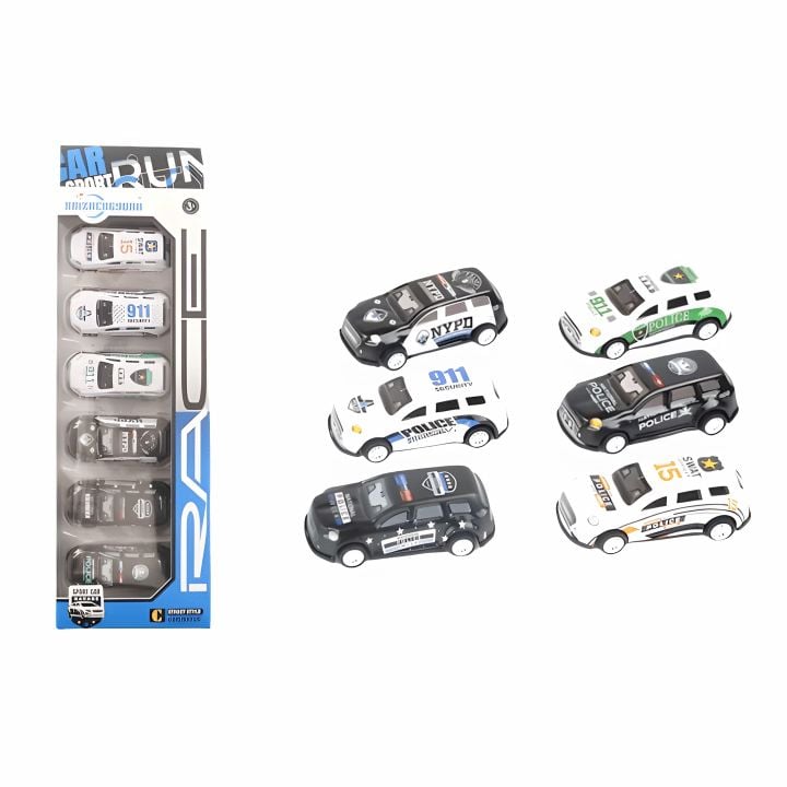 Set 6 Masinute Metalice Tip Politie, Culoare Negru-Alb, Pull-Back, Jucarii pentru Copii 3+ Engros