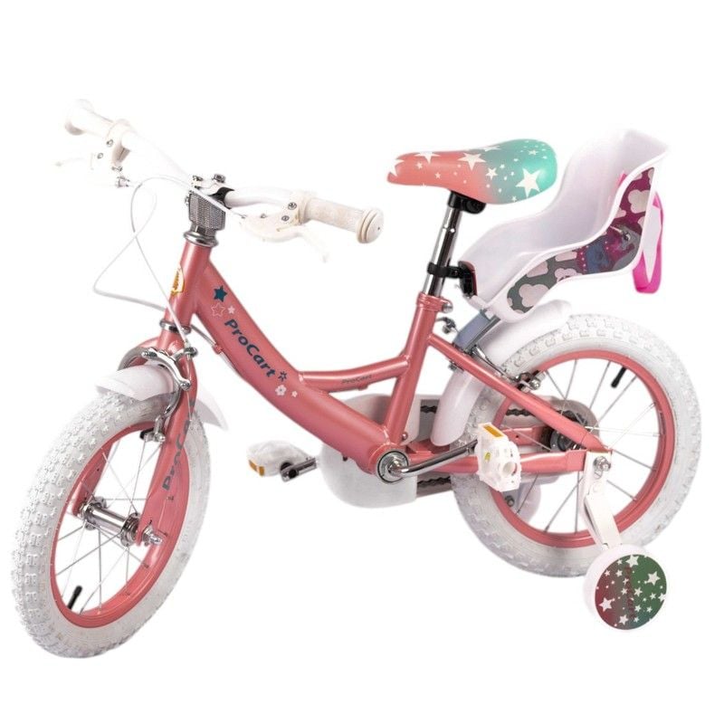 Bicicleta pentru copii, 14 inch, roti ajutatoare, scaun papusi, frane V-brake, aparatoare lant, unicorn roz Engros