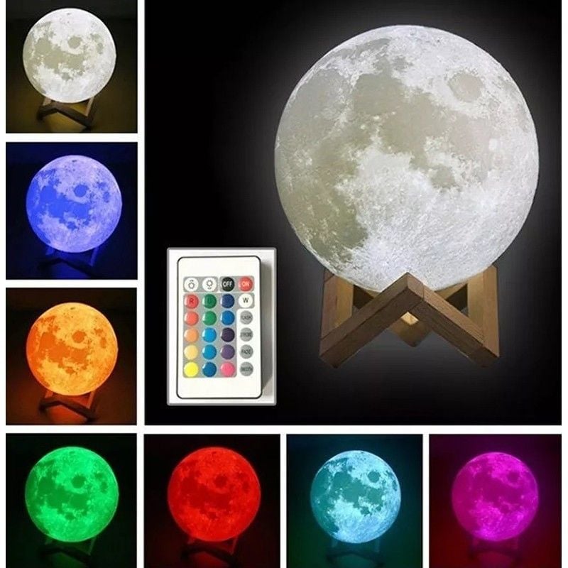 Lampa de veghe luna 3D 20 cm, 16 culori, telecomanda, suport lemn, reincarcabila USB Engros