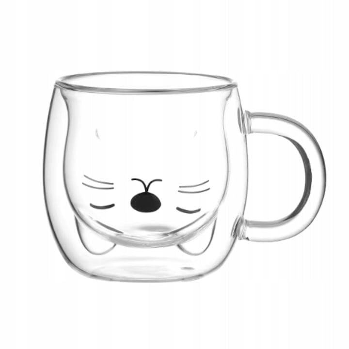 Cana Engros Kamille KM-9017, model de pisica, termoizolanta, sticla borosilicata, transparenta, 250ml