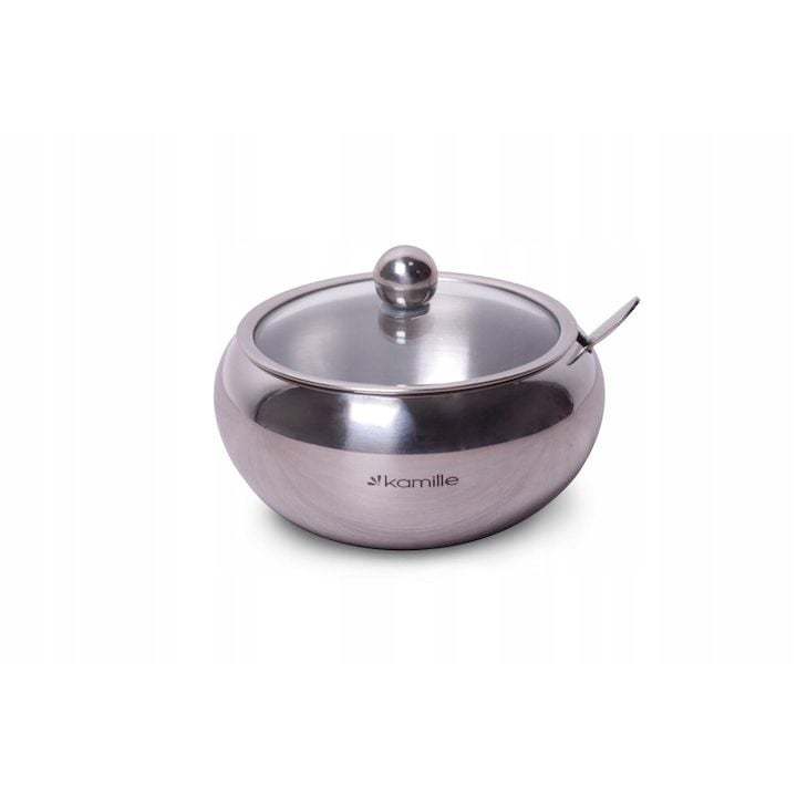 Bol Engros din Otel Inoxidabil, Kamille KM-7003, 560ml, cu Lingurita, Argintiu