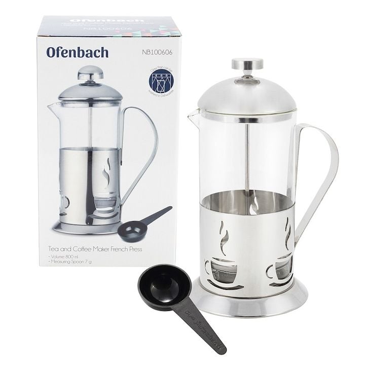 Presa Engros franceza pentru cafea si ceai, Ofenbach, 800 ml, din sticla si otel inoxidabil, cu filtru, 22x9.5cm