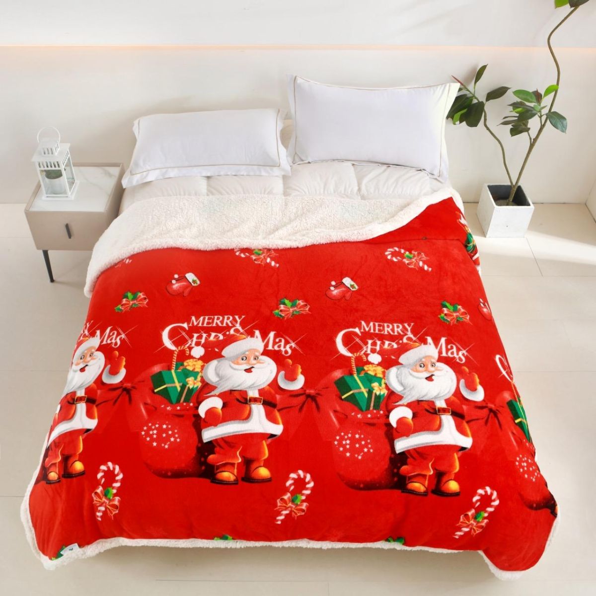 Paturi Craciun En-gros, Rosu, Material Cocolino cu Blanita, 200x230cm, Model cu Motive de Craciun