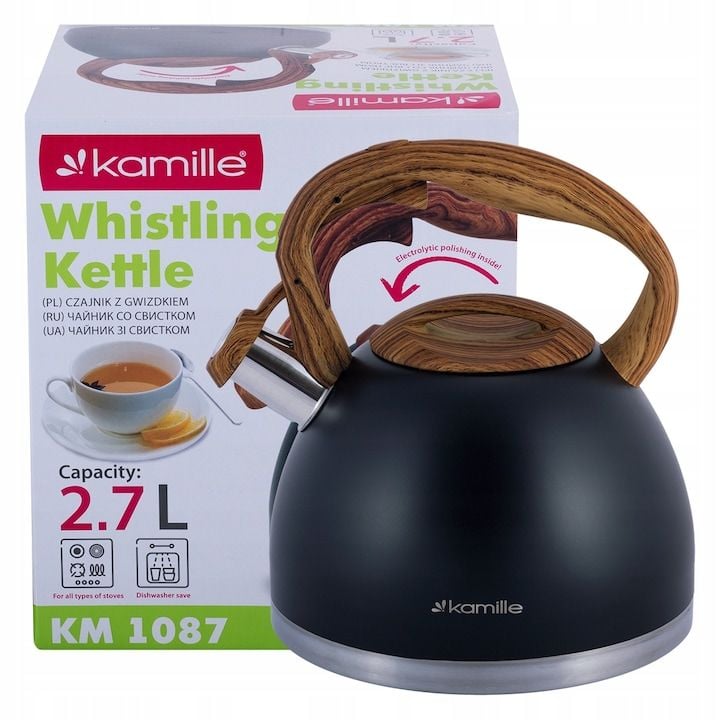 Ceainic Engros cu fluier Kamille KM-1087, din inox, capacitate 2,7L, compatibil inductie