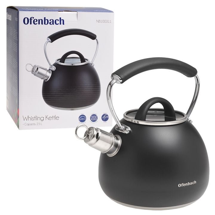 Ceainic Engros cu fluier, Ofenbach, din Inox, 2.5 L, Negru/Argintiu