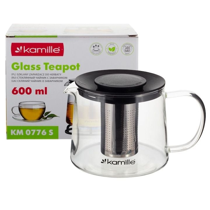 Ceainic Engros cu infuzor, Kamille, Sticla termorezistenta, Filtru din inox, 600ml, Negru/Transparent