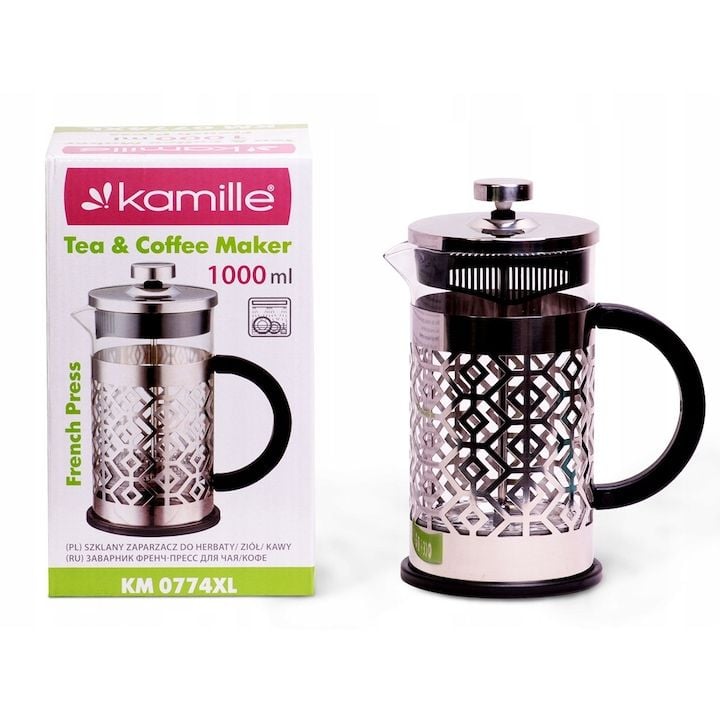 Infuzor Engros de cafea si ceai, Kamille KM-0774XL, sticla rezistenta la caldura, din inox, 1000ml, 22cm