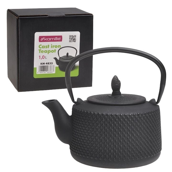Ceainic Engros din fonta emailata, Kamille KM-4833, 1000 ml, sita din otel inoxidabil, negru