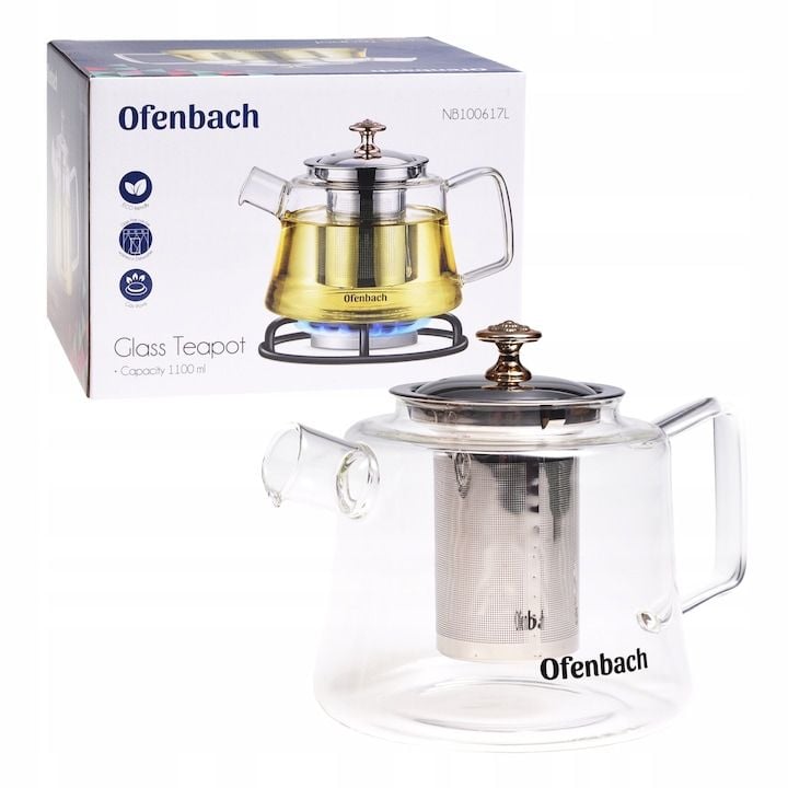 Ceainic Engros Ofenbach, 1100 ml, din inox, sticla rezistenta la caldura
