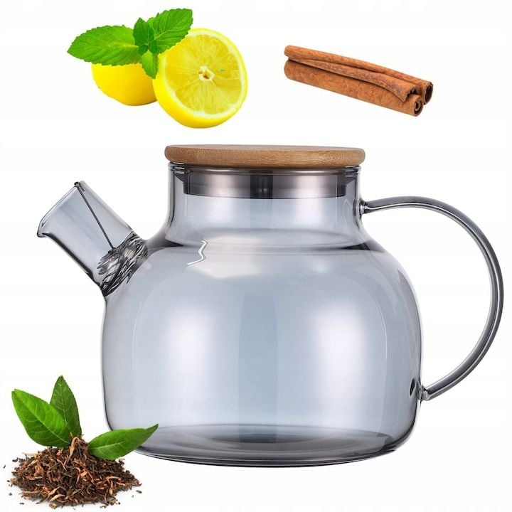 Ceainic Engros cu infuzor de sticla borosilicata universala 1.5 L cu capac si filtru – nuanta fumurie