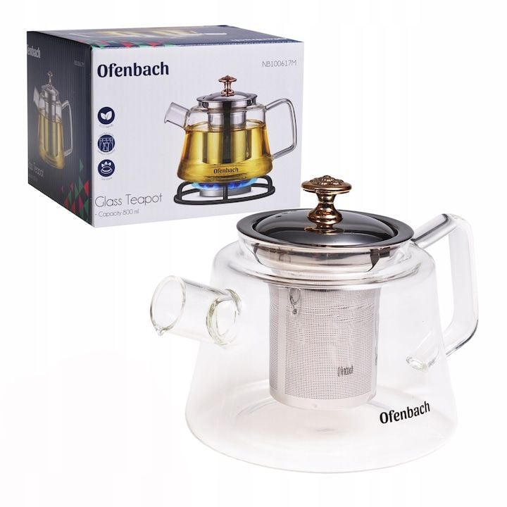 Ceainic Engros Ofenbach, 800 ml, din inox si sticla rezistenta la caldura, cu infuzor