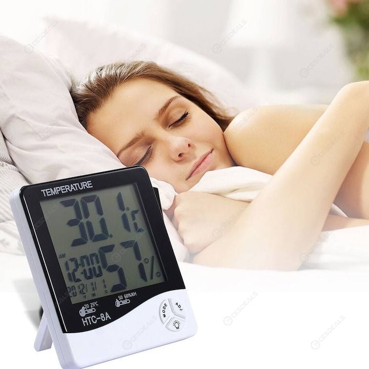 Termometru si Higrometru ENGROSS de Camera, Statie Meteo, Temperatura, Umiditate, Ceas, Alarma, Ecran Iluminat, Valori Minime/Maxime, Profesional, Alb
