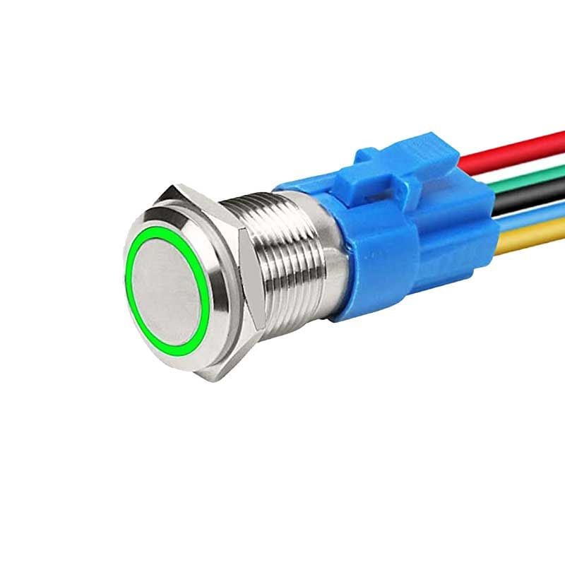 Buton Push 16mm cu Revenire, 12-24V, Led Verde, Mufa inclusa, ElectroAZ Engros