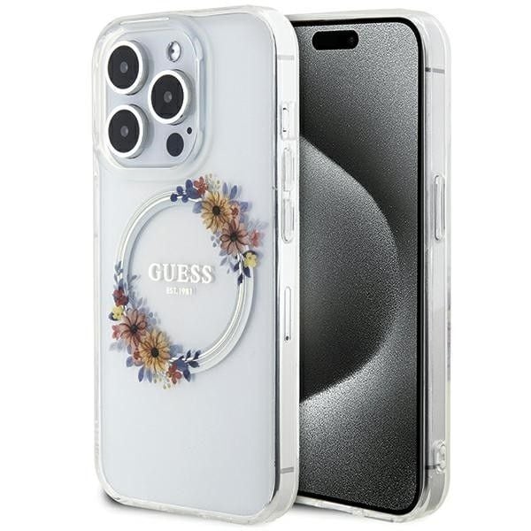 Husa Guess pentru iPhone 15 Pro Max, Suport Magsafe, Flowers Wreath, Transparent Engros