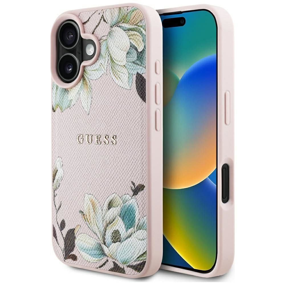 Husa Guess pentru iPhone 16, Compatibila cu Magsafe, Model Grained Flowers Classic Logo, GUHMP16SPGNMPLMP, Roz Engros