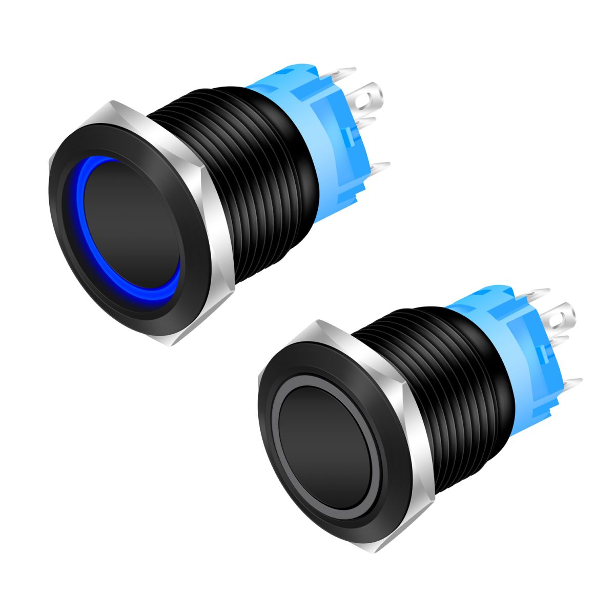 Buton Push Negru 19mm cu Retinere si Led Albastru, Mufa inclusa, ElectroAZ Engros