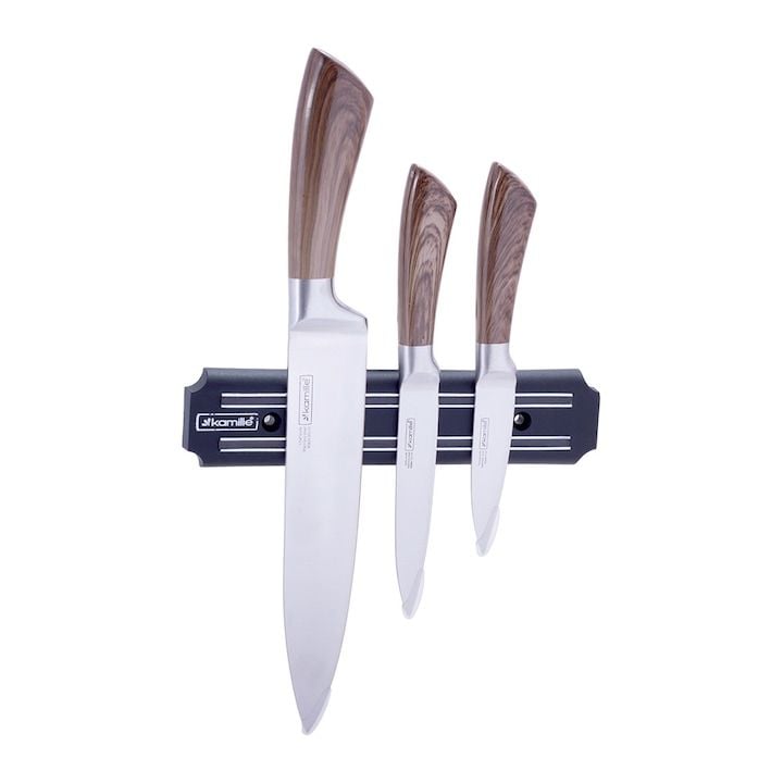 Set Engros de 3 Cutite, Kamille, din Inox, 20 / 11.5 / 8.5 cm, Suport magnetic, Maro