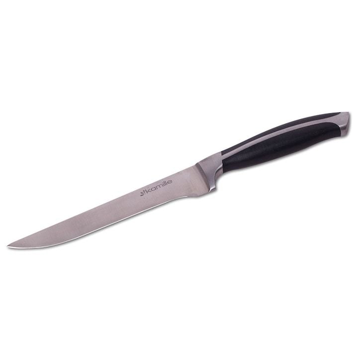 Cutit Engros de bucatarie, Kamille , din Inox, Pentru filetare peste si carne, Antiderapant, Lama 15 cm, Negru / Argintiu