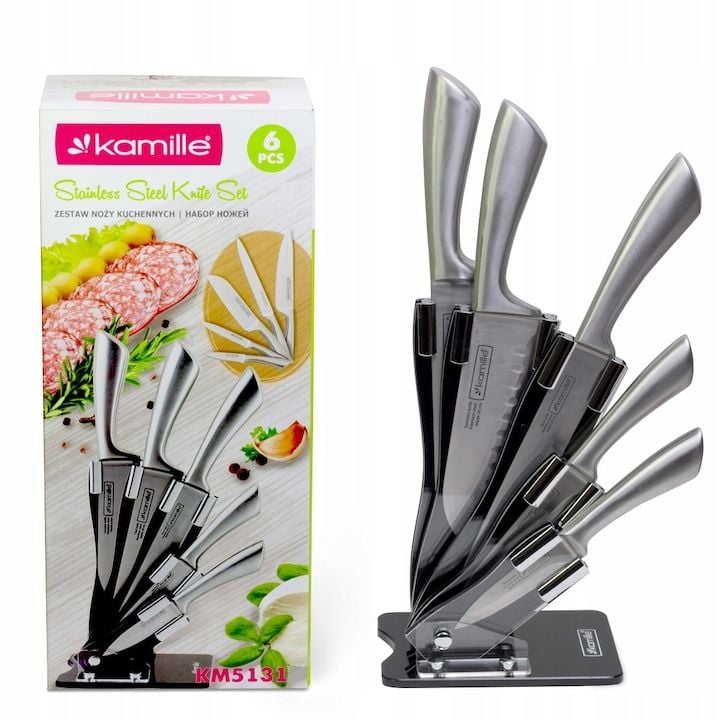 Set Engros de 5 cutite cu suport, Kamille, din Inox, 8.5-20 cm, Argintiu