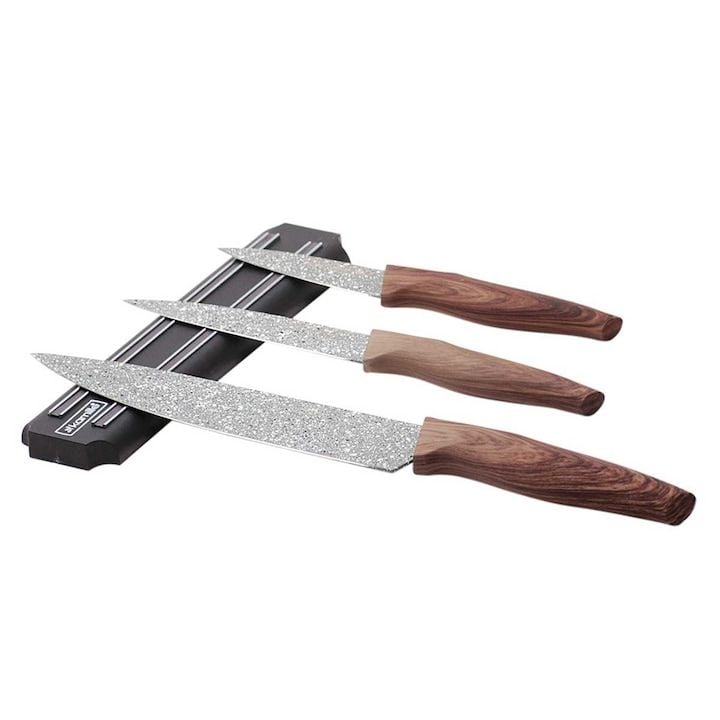 Set Engros de 3 cutite de bucatarie, Husla, Cu suport, din Inox, Lemn, Negru, Bej