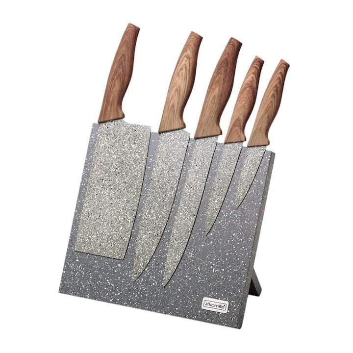 Set Engros de 5 cutite cu suport, Kamille, din Inox, Acoperire granit, 9-20 cm, Maro/Gri