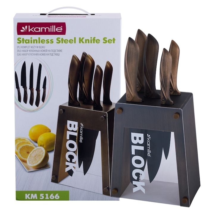 Set Engros de 5 cutite in suport Kamille, din otel inoxidabil, non-stick, suport plastic