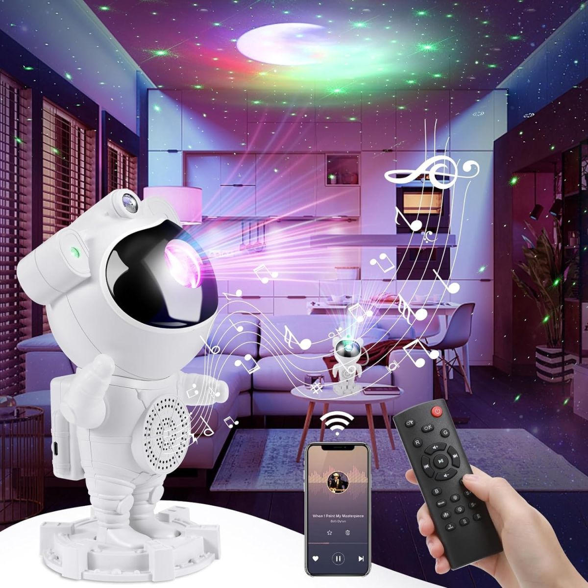 Proiector de stele cu boxa ENGROSS in forma de Astronaut, lampa LED, Bluetooth, alb, 120x234mm