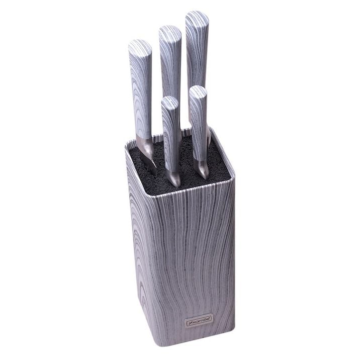 Set Engros de 5 Cutite cu suport, Kamille, din Inox, cu Maner antiderapant, 20 / 20 / 19 / 11.5 / 8.5 cm, Gri