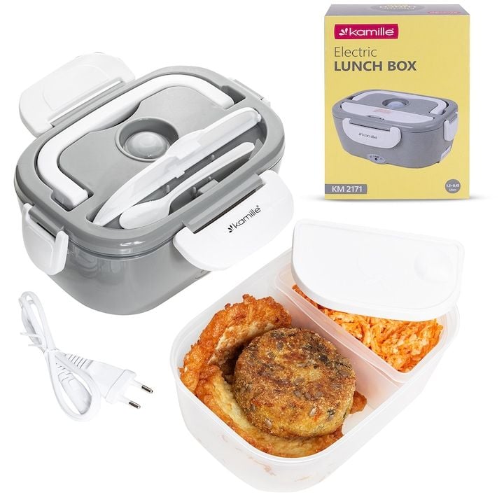 Lunch Engros Box Electric Kamille cu Sustinerea Temperaturii de 1, 5 L –Functia de Termos incalzire rapida 12V/220V, Culoare Gri