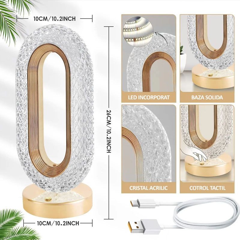 Lampa LED decorativa, engross, veioza din cristal acrilic, lumina ambientala, 3 culori, alb rece/cald/neutru, control touch, reincarcabila, ovala