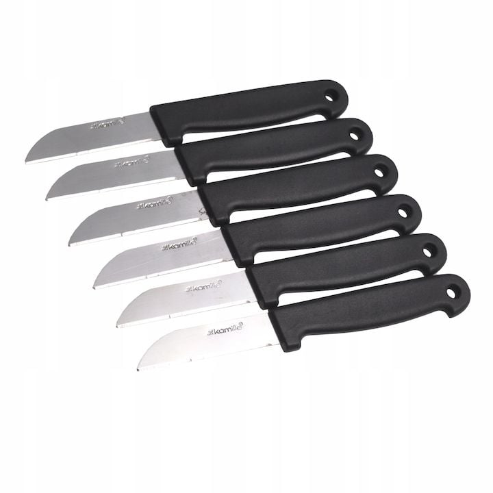 Set Engros de 6 Cutite de bucatarie, Kamille, din Inox / Plastic, Lama 6.5 cm, Negru