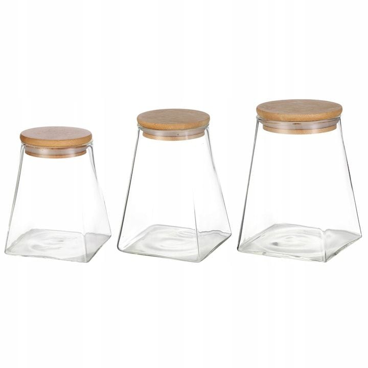 Set Engros de 3 Borcane Kamille KM-9036, Sticla cu Capac Bambus, Etanse, Transparent, 9x9x11.6cm