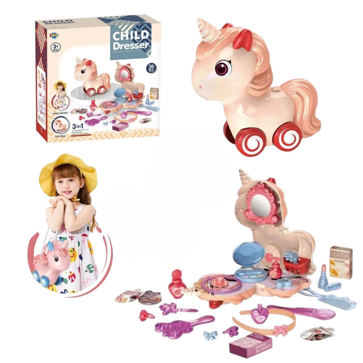 Jucarie 3in1 Geanta de Umar 24x22cm, Model Unicorn, cu Accesorii de Infrumuseteare, din Plastic Engros