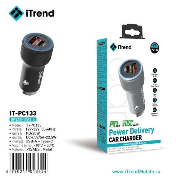 INCARCATOR TELEFON AUTO ITREND FC 133 USB + Tip C PD 20W VOOC 22.5W