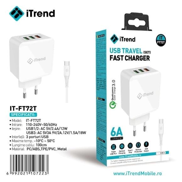INCARCATOR TELEFON MOBIL ITREND FT 72 T + CABLU TIP C 3 X USB QC3.0 6A