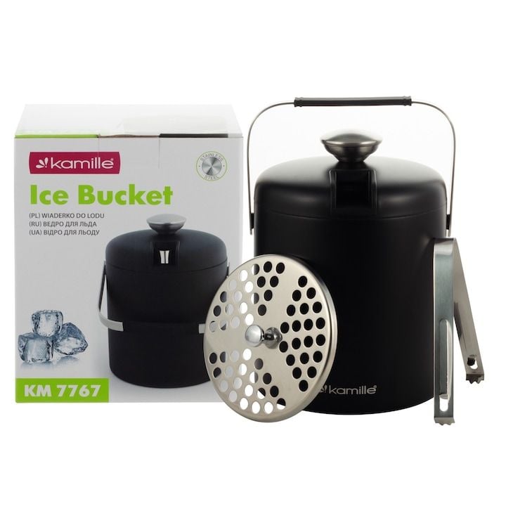 Set Engros de frapiera termica cu cleste, Kamille, din Inox, 1.3L, 14x19cm, Negru/Argintiu